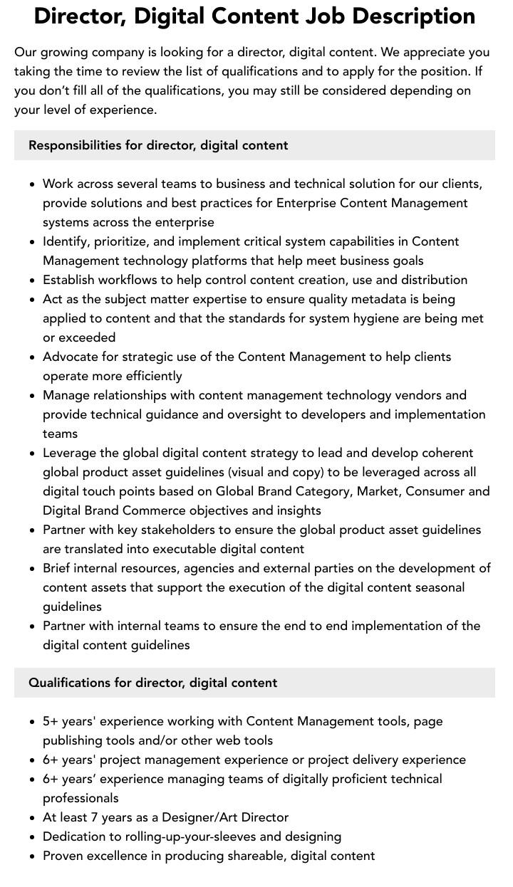 Director, Digital Content Job Description | Velvet Jobs